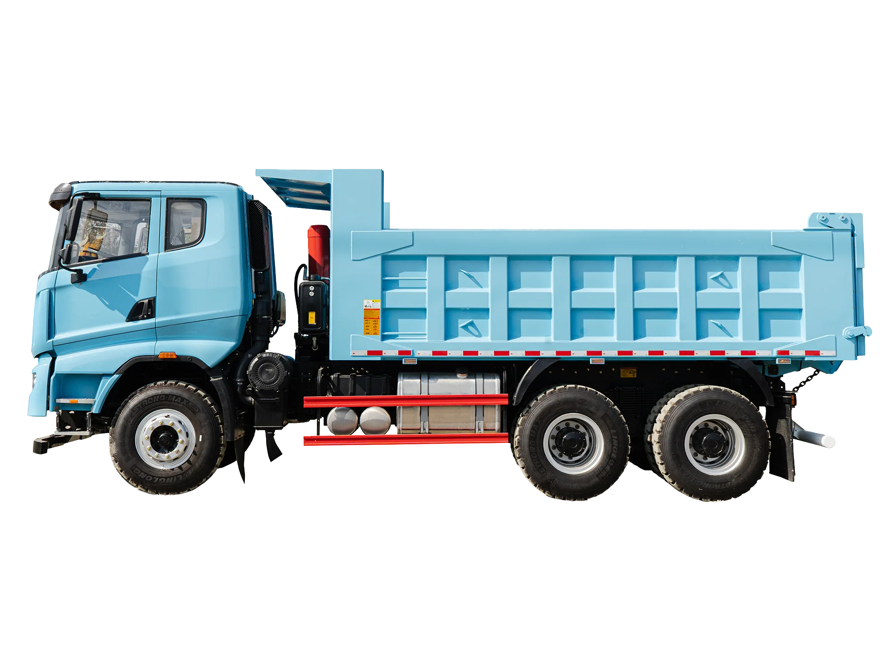 Volqueta Hino GH 1828 año 2020 vista lateral con balde levantado